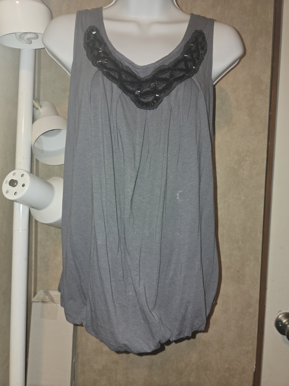 LOFT Gray Beaded Neck Bubble Tank